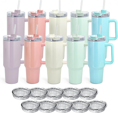 Set 10 Vasos Aislados Acero Inox 40oz Asa Pajita Color Macarrón