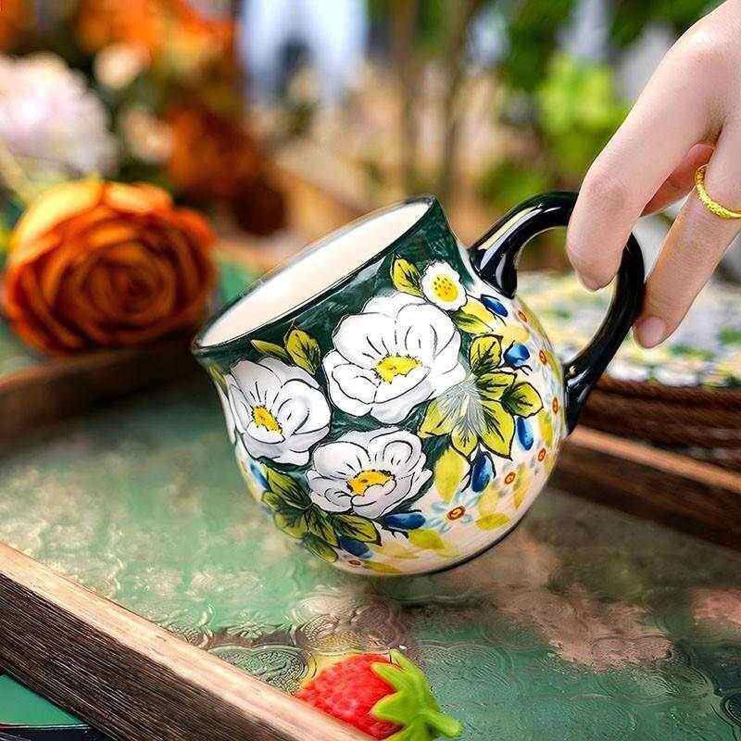 Taza Cerámica Gres Grande Pintada a Mano Verde