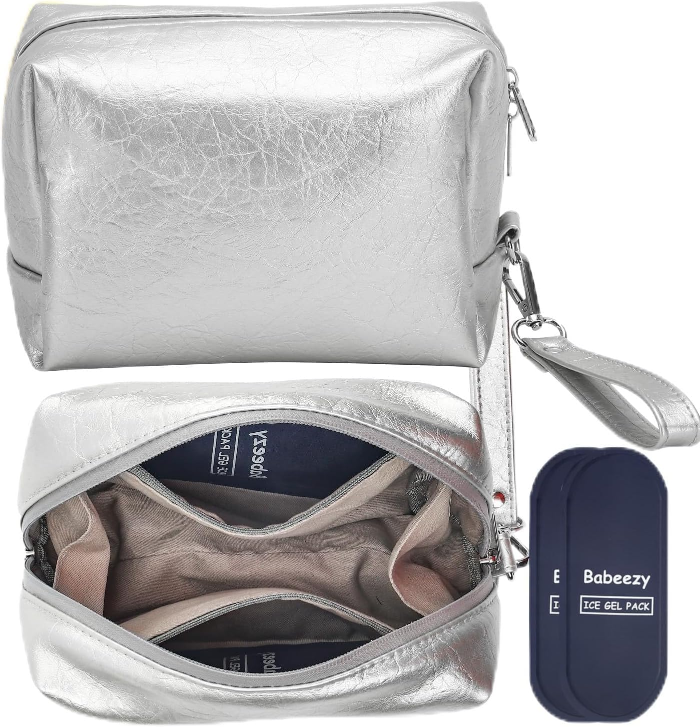 Bolsa maquillaje cuero vegano reutilizable plateado