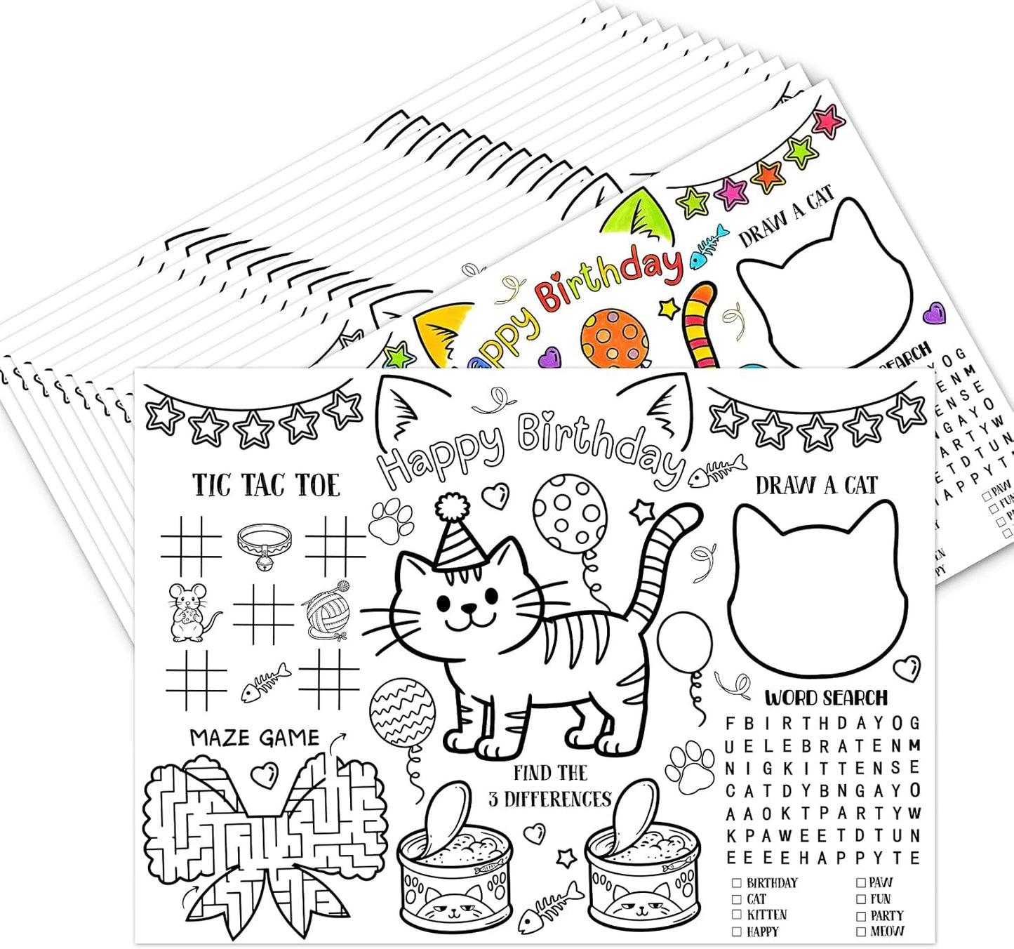 Manteles individuales para colorear de gato para cumpleaños