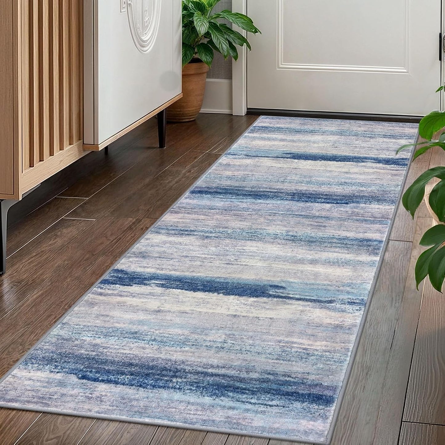 Alfombra pasillo 2x5ft antideslizante suave rayas azul/gris/beige