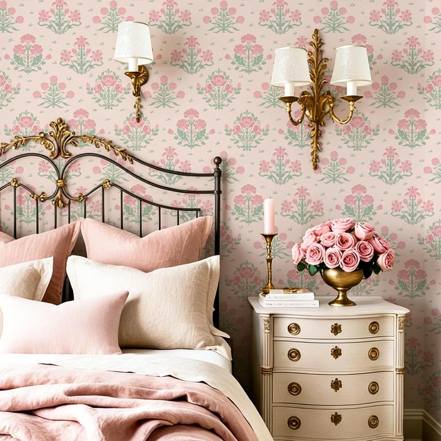 Papel tapiz floral rosa rubor autoadhesivo impermeable 17x79pulg