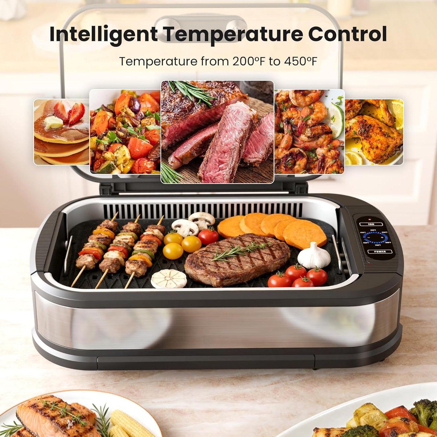 Parrilla eléctrica sin humo 1500W con vidrio templado antiadherente