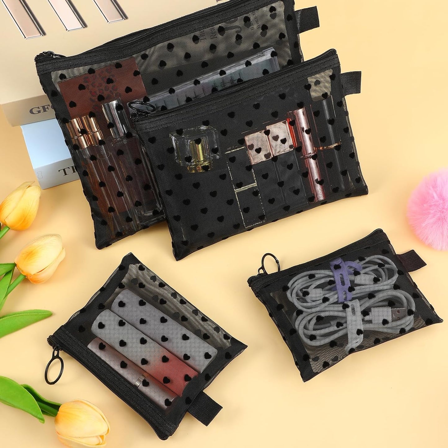 Bolsas maquillaje malla cremallera 4 pzas forma corazón