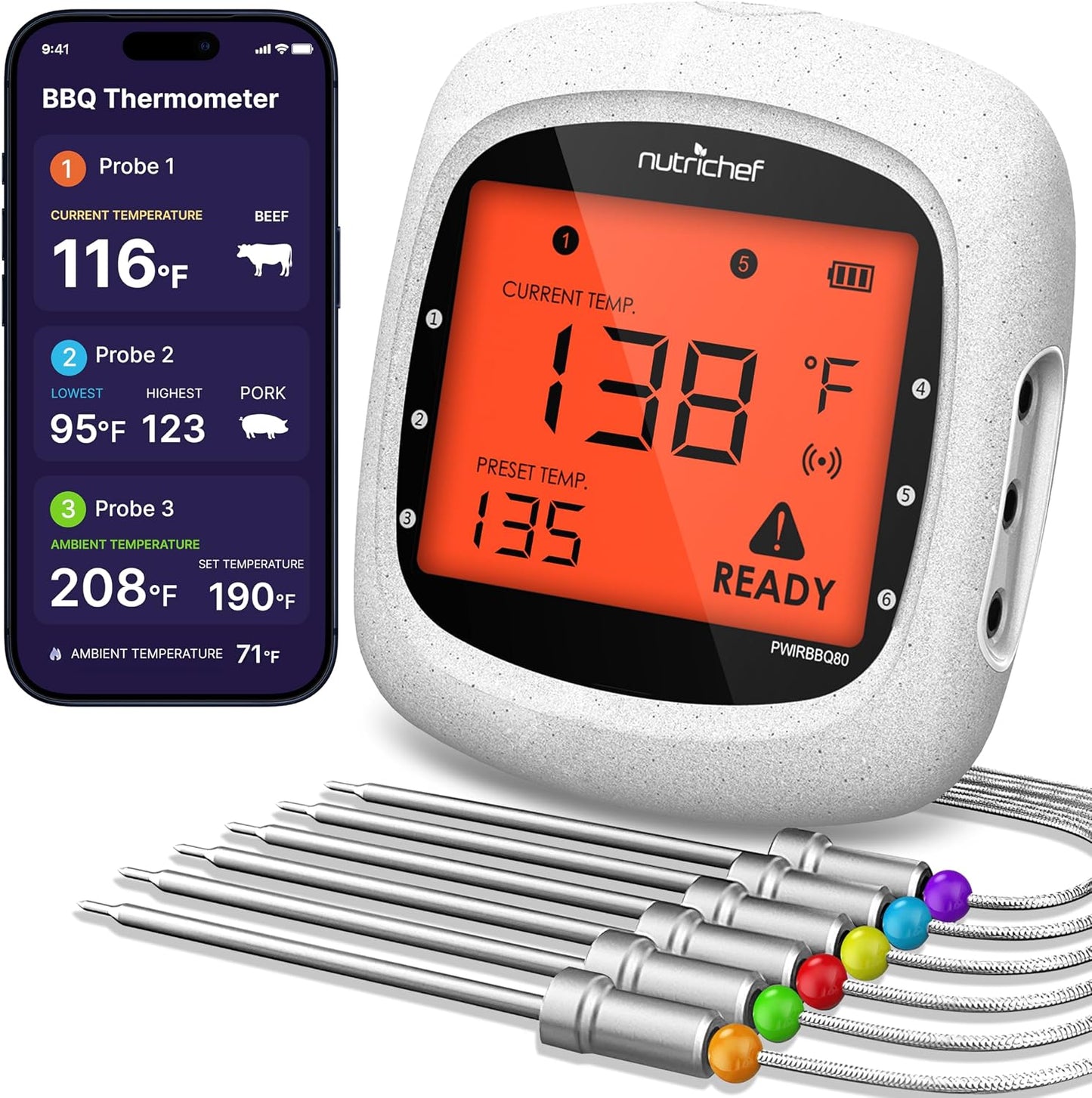 Termómetro carne Bluetooth 6 sondas inalámbricas LCD