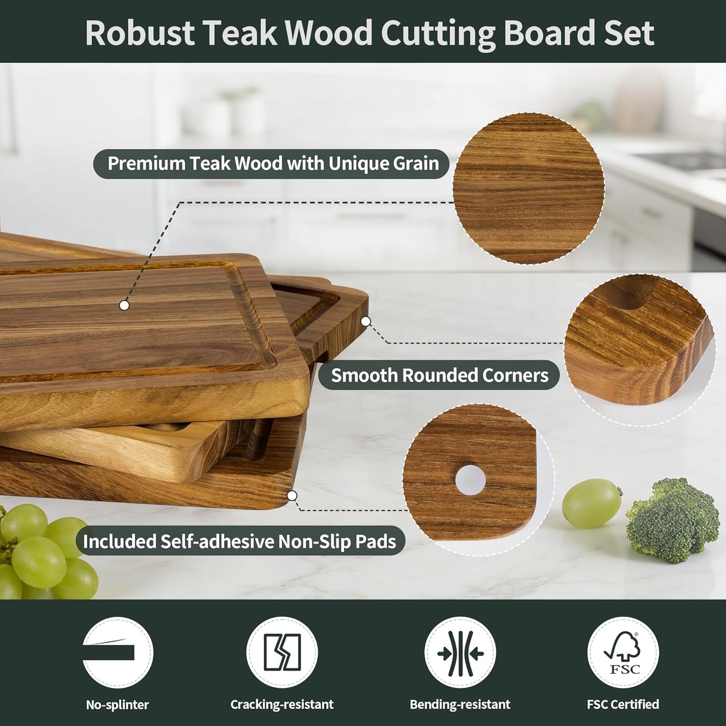 Set 3 Tablas Cortar Teca Soporte Ranura Profunda