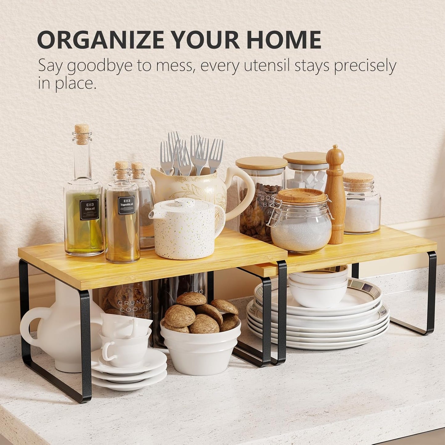 Estante organizador de gabinete de bambú, juego de 2 estantes apilables para cocina en negro y beige