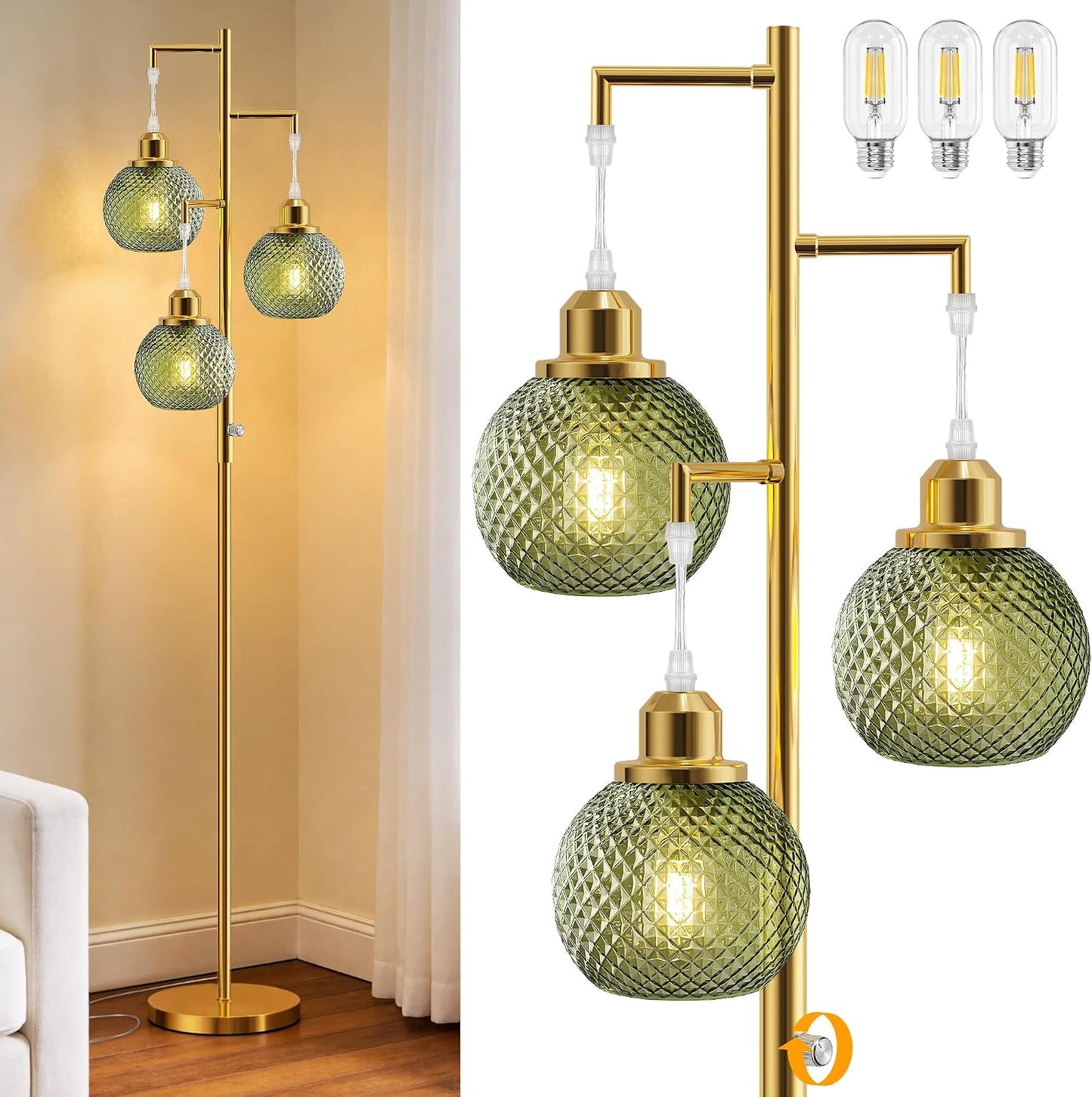 Lámpara pie moderna 3 luces 68pulg vidrio vintage verde