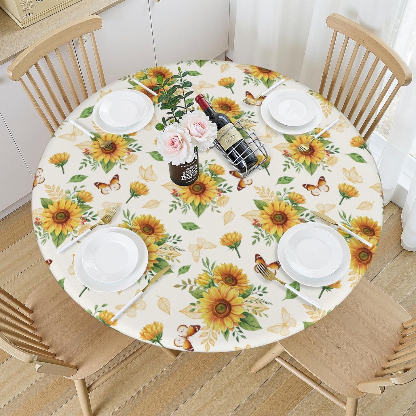Mantel redondo ajustable de girasol con borde elástico 40-44 pulgadas