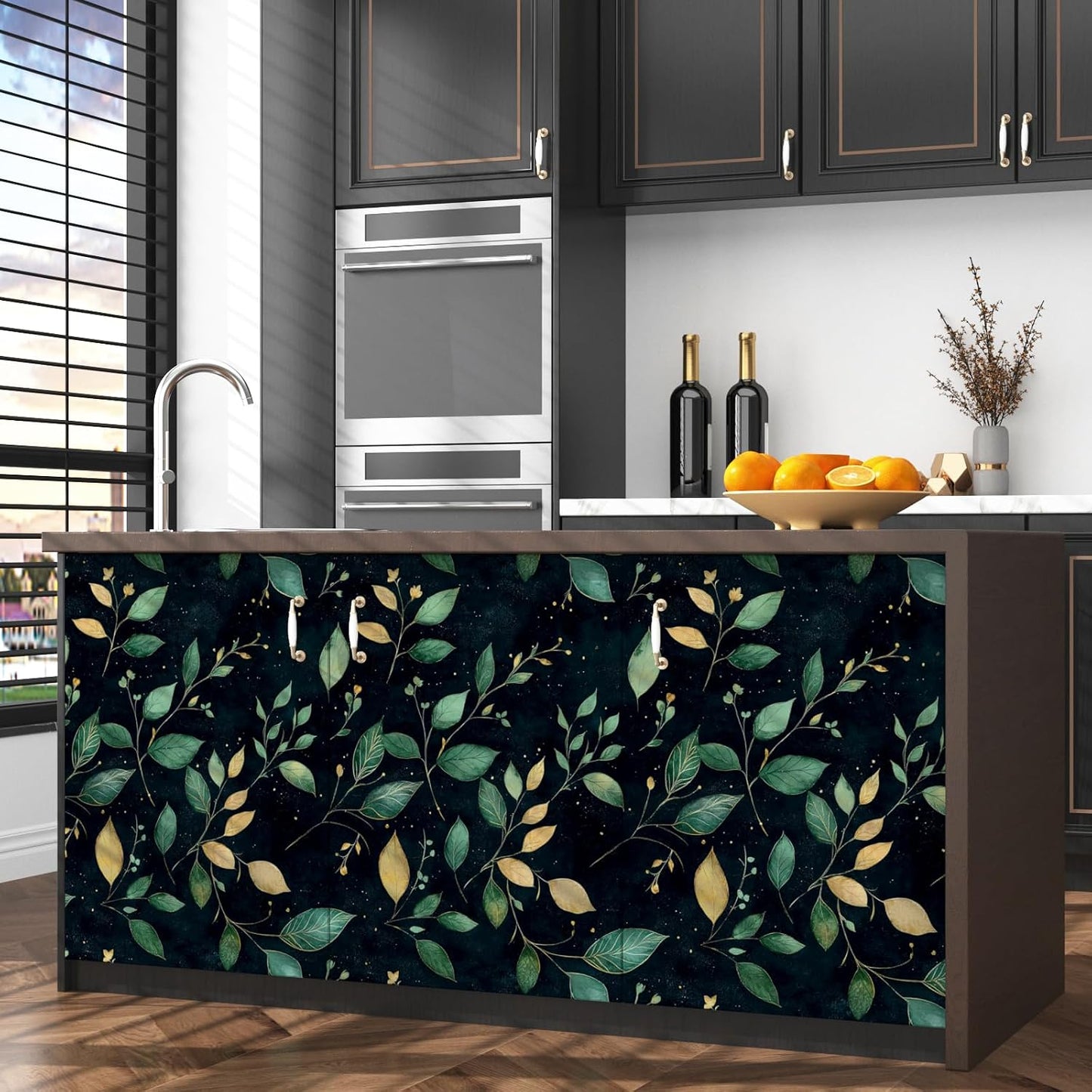 Papel tapiz hojas verde/doradas autoadhesivo baño cocina