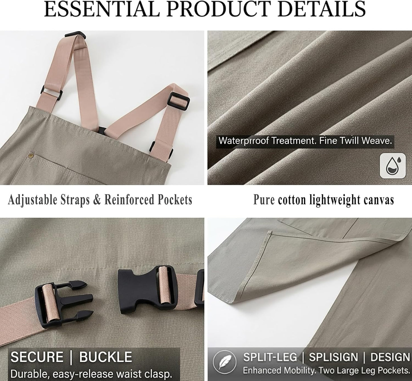 Delantal de algodón impermeable con espalda cruzada y bolsillos grandes