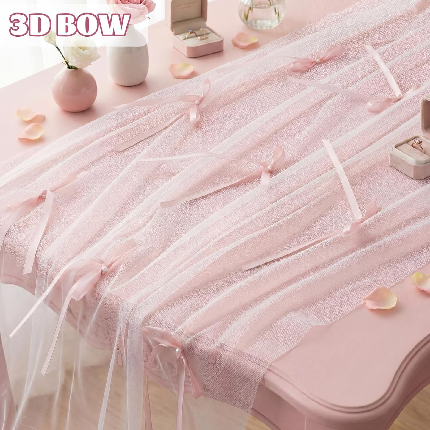Camino de mesa de tul con lazo rosa transparente 3D para bodas y eventos