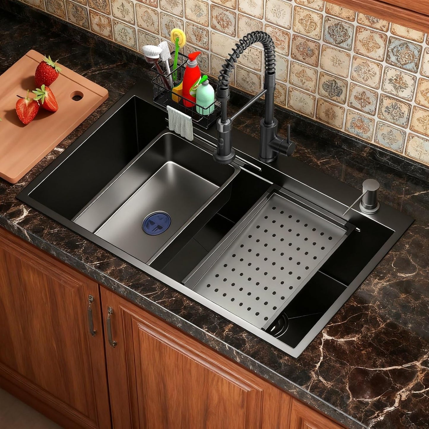 Fregadero cocina acero inox 32pulg cuenco negro resistente arañazos