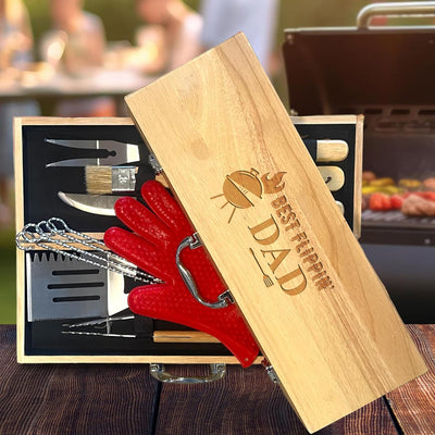 Juego parrilla BBQ 11 pzas acero inox madera arce para papá