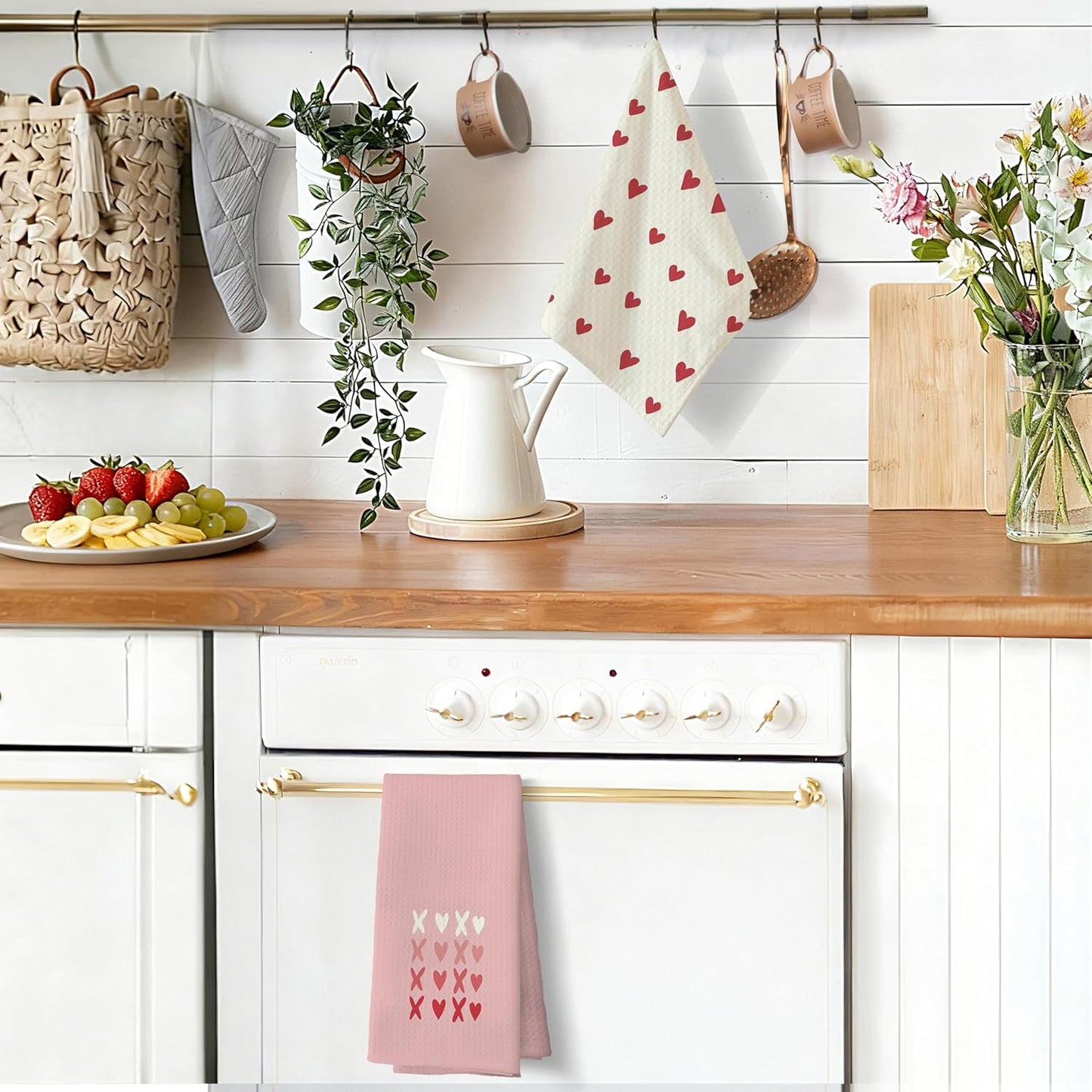 Juego de 2 toallas de cocina rosa con corazón para San Valentín