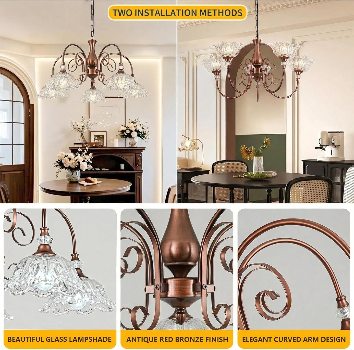 Candelabro vintage 5 luces bronce rojo cristal