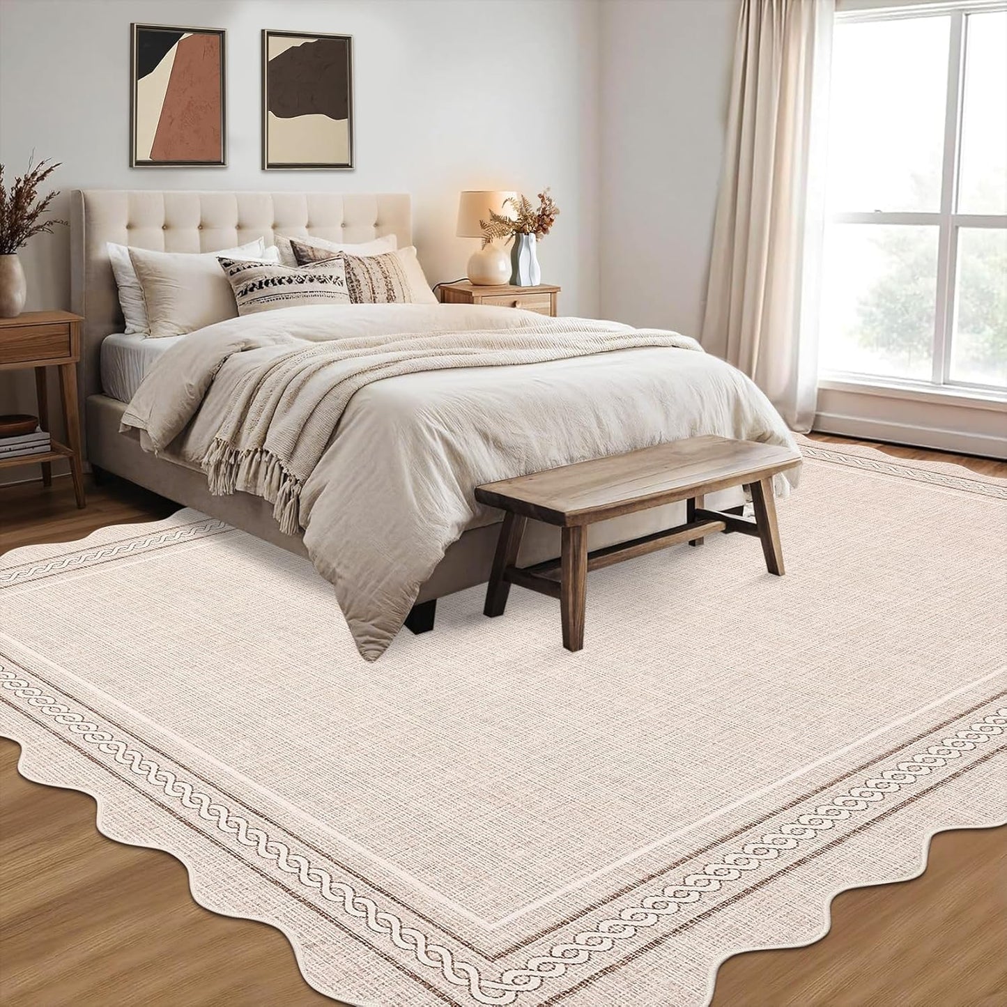 Alfombra festoneada lavable 5x7ft antideslizante beige dormitorio