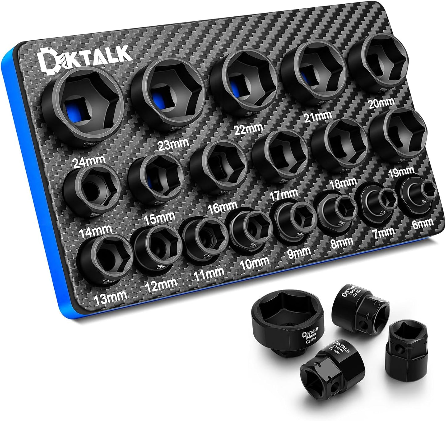 Juego dados impacto métrico 19 pzas 3/8pulg perfil bajo acero Cr-Mo