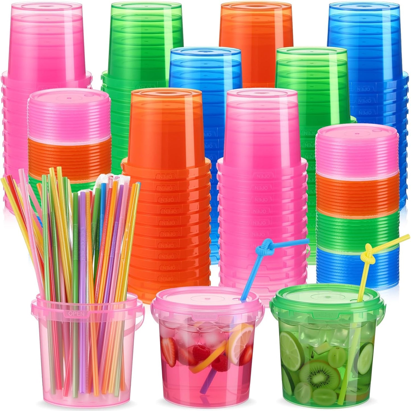 Cubetas plástico 32oz ron con pajitas 100 tapas asas fiesta