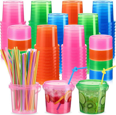 Cubetas plástico 32oz ron con pajitas 100 tapas asas fiesta