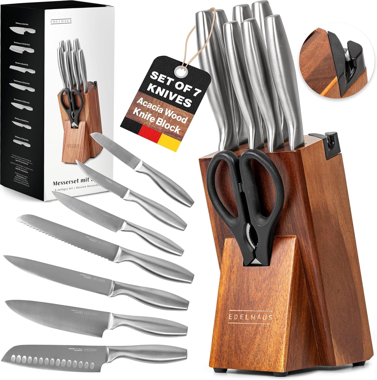 Set 9 Cuchillos Acero Inox Bloque Madera Afilador