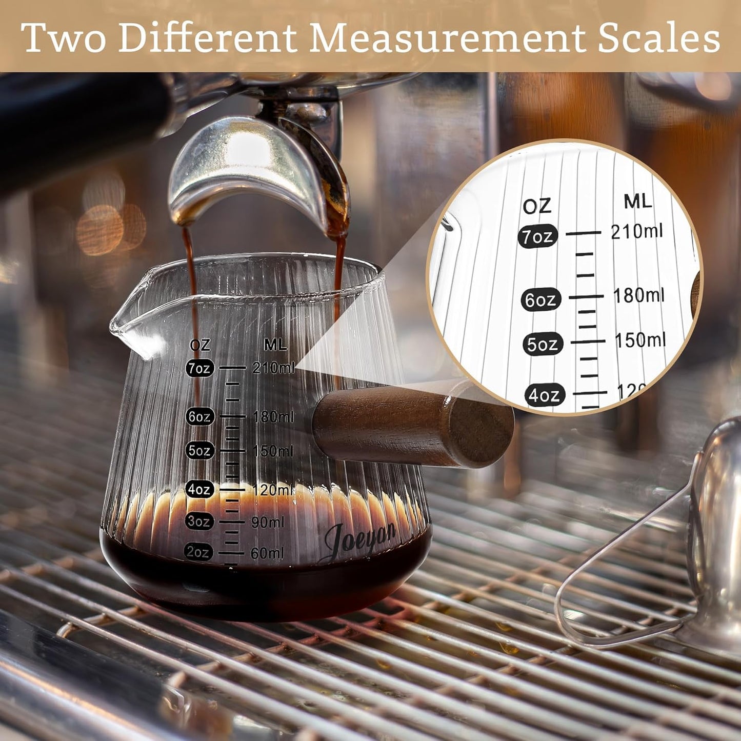 Taza medidora de espresso transparente con asa y doble escala