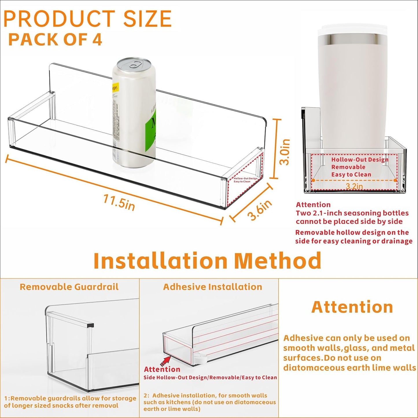 4 Soportes pared transparentes especias 11.5x3.6pulg