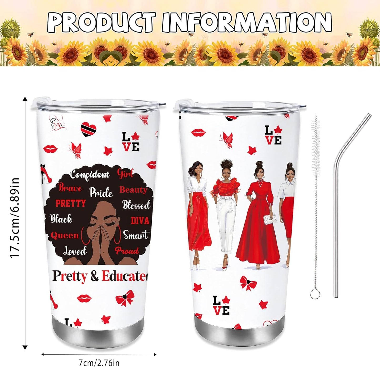 Vaso rojo con patrón de niña negra taza de café personalizada de acero inoxidable