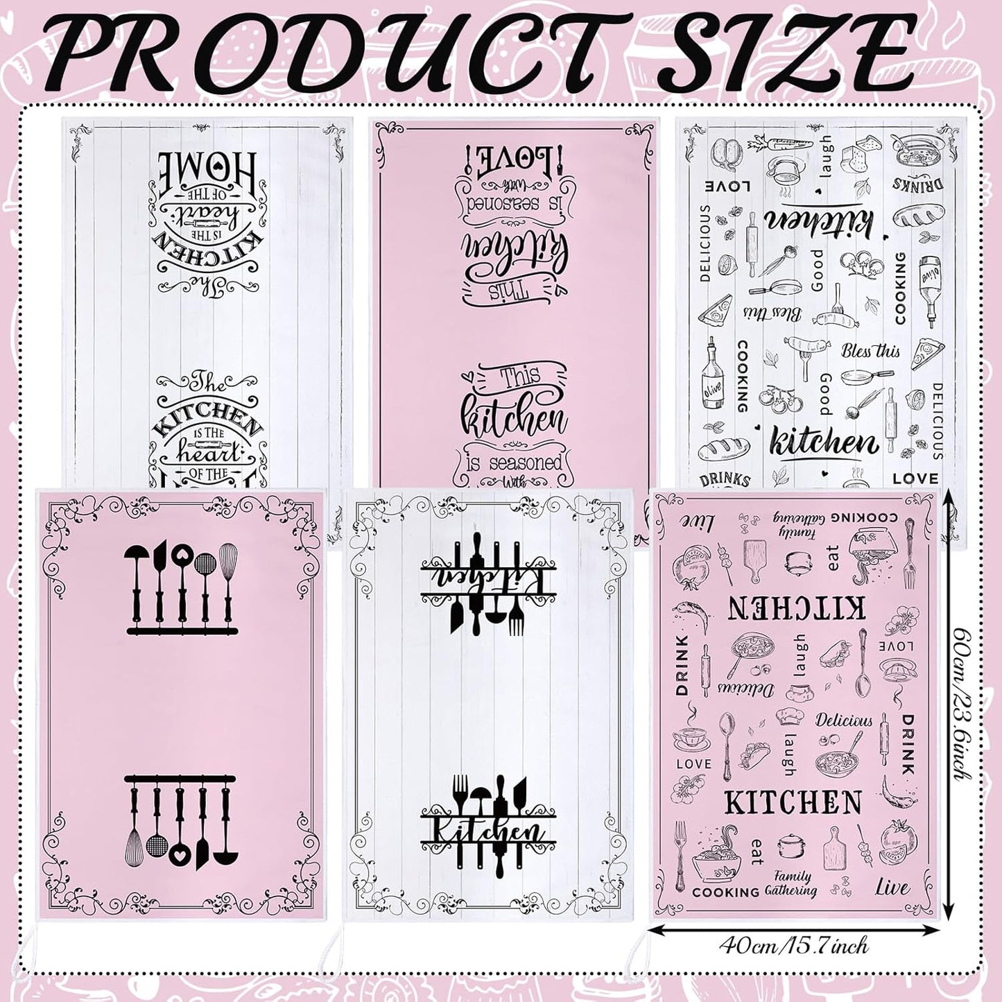 Set 6 toallas cocina vintage reutilizables rosa y blanco