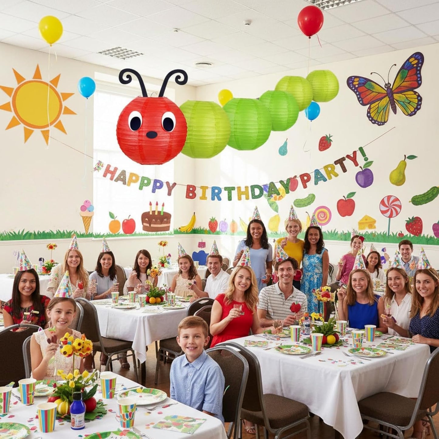 7 Pzas Decoración Cumpleaños Oruga Linternas Papel Con Ojos