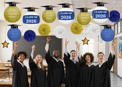 16 Linternas Papel Graduación Azul Dorado Estilo 2
