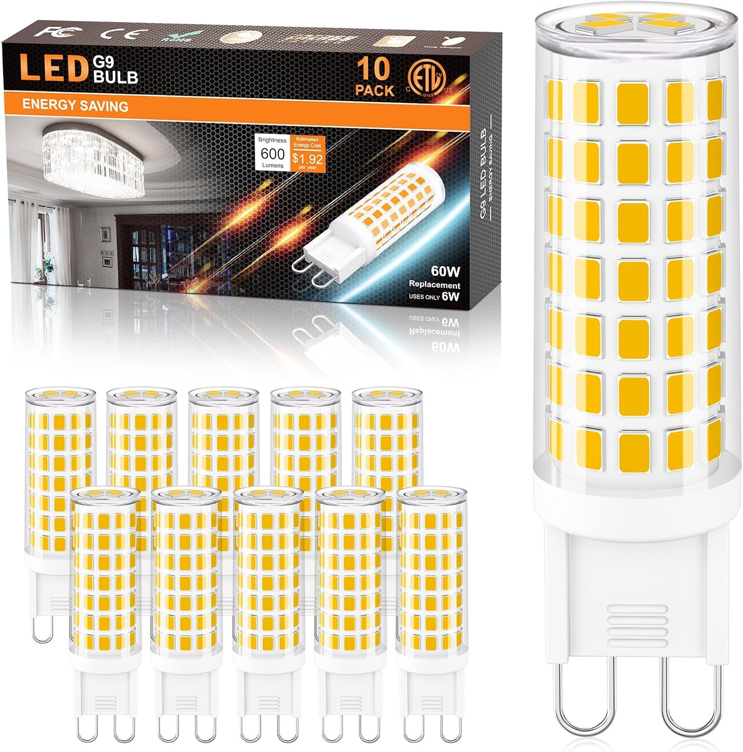 Bombilla LED G9 6W luz blanca cálida 3000K base cerámica pack 10