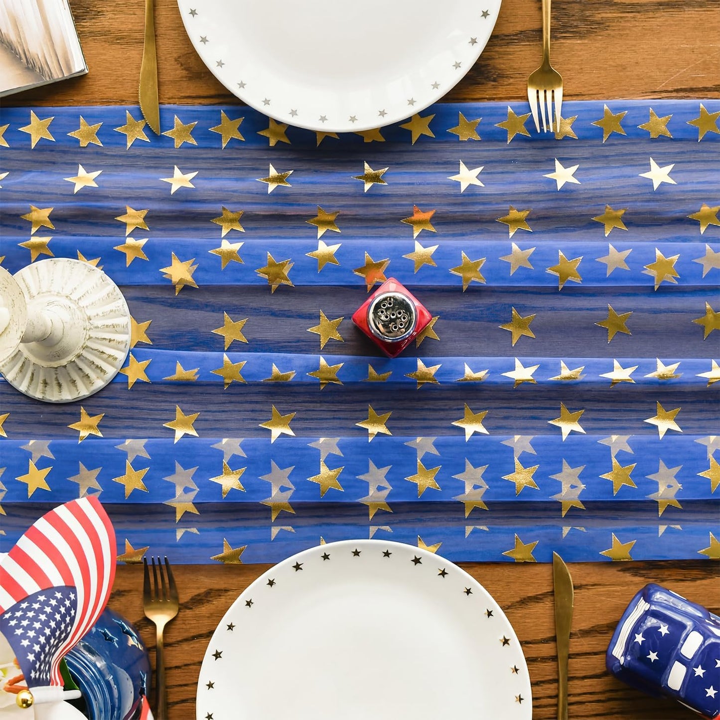 Mesa Camino Gasa Azul Estrellas Doradas 10ft