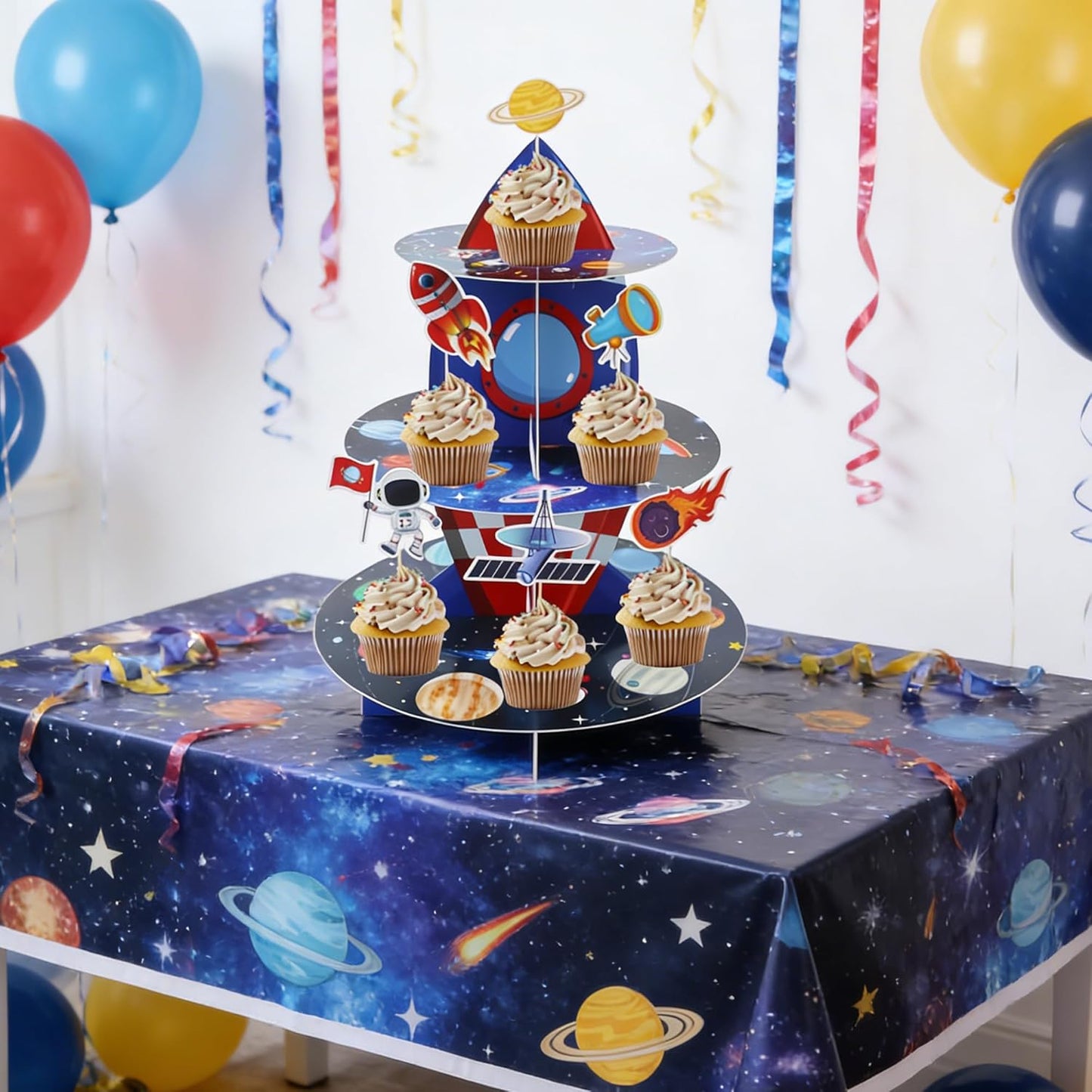 Soporte espacial para cupcakes temática galaxia 3 niveles 12 piezas