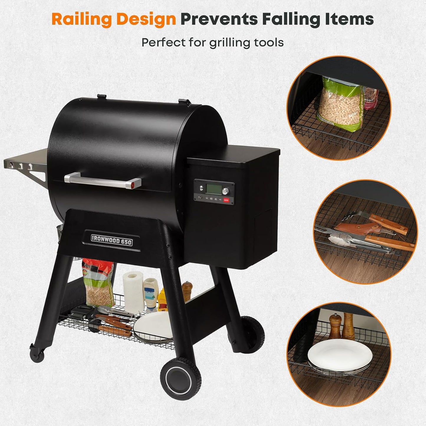 Estante almacenamiento parrilla pellets Traeger Ironwood