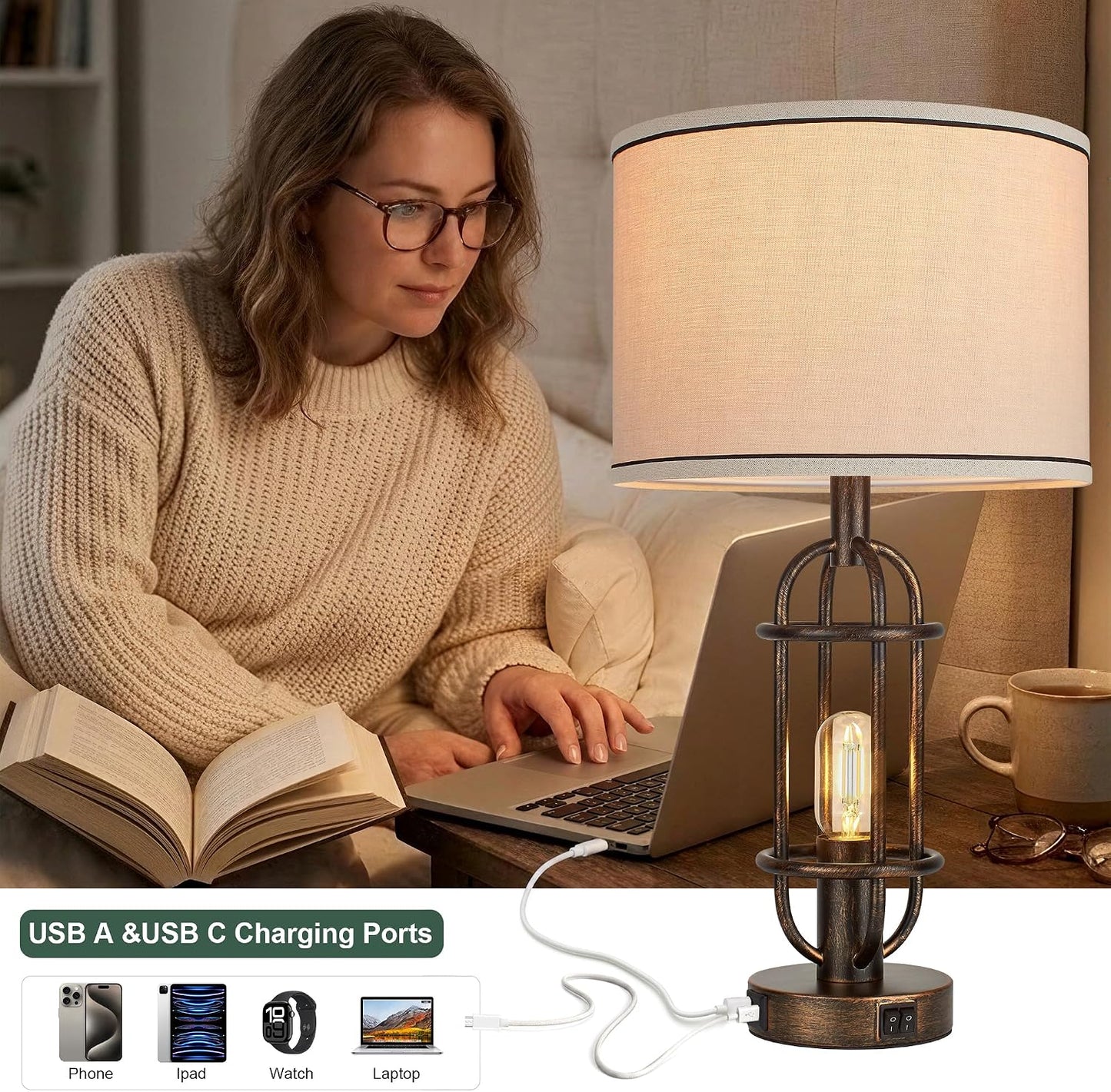 2 Lámparas Mesa Sala Dormitorio Puertos USB Bronce Retro