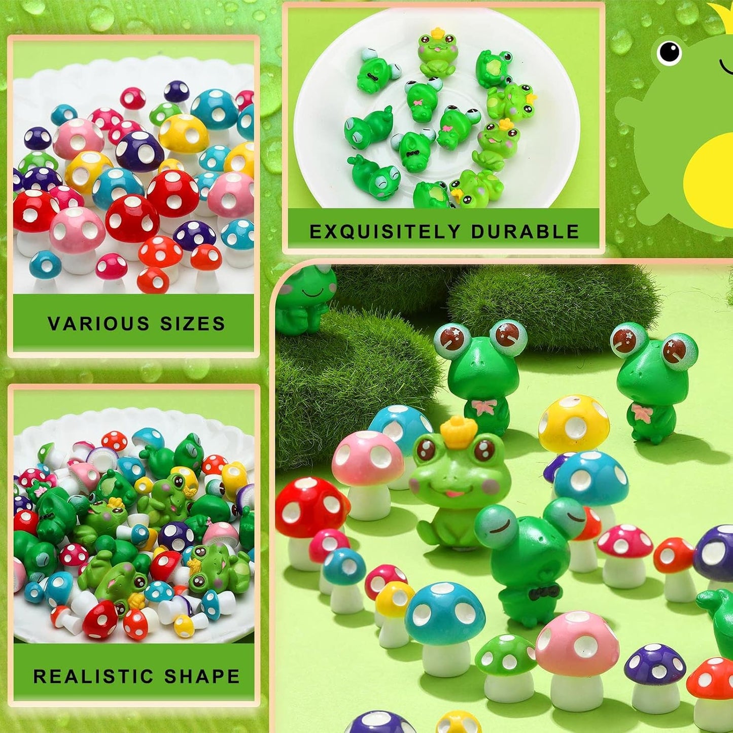 62 Pzas figuras mini hongos ranas decoración jardín multicolor