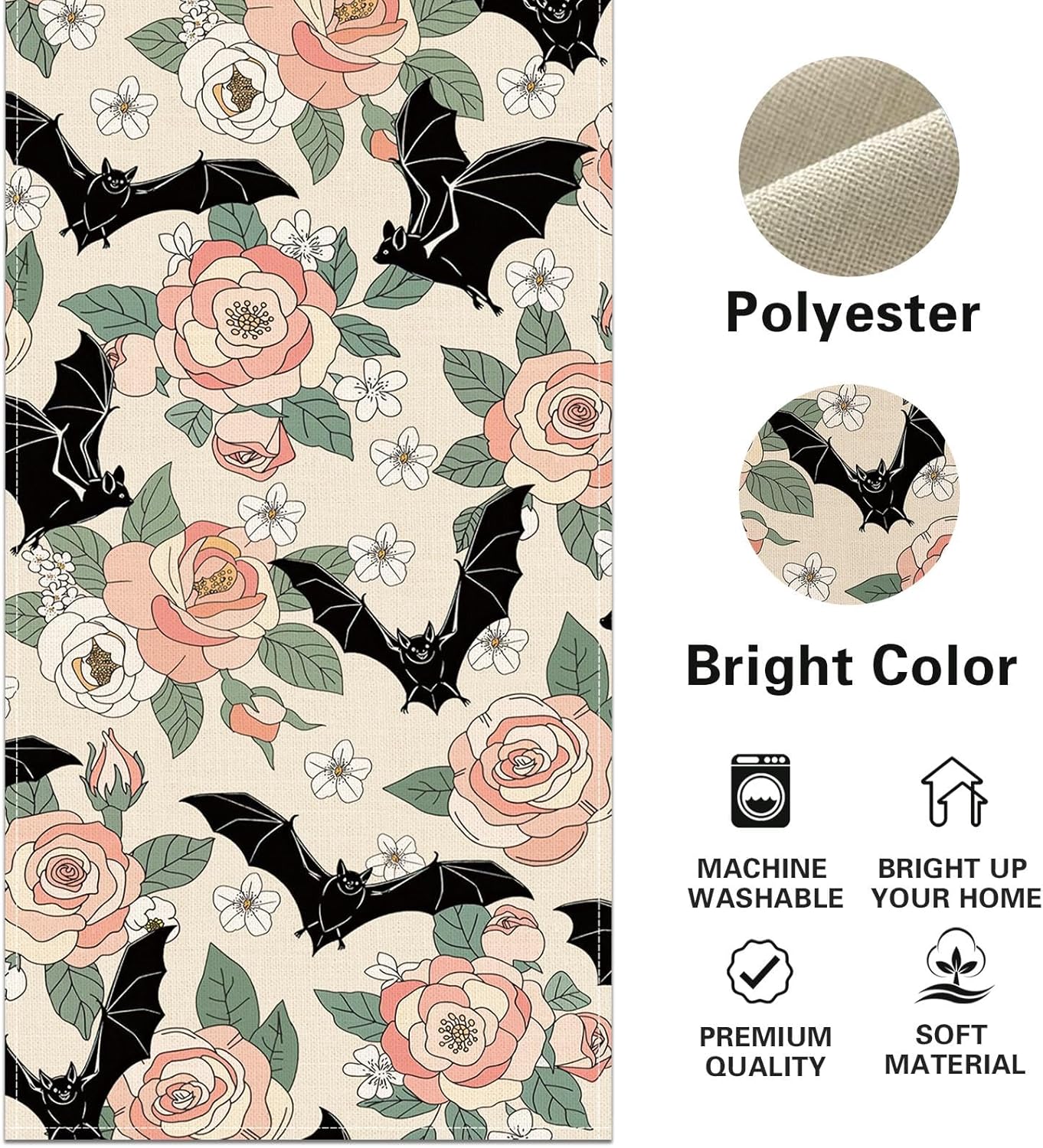 Camino de mesa con diseño de murciélagos y rosas góticas decoración de cocina arpillera floral romántica