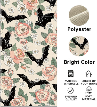 Camino de mesa con diseño de murciélagos y rosas góticas decoración de cocina arpillera floral romántica