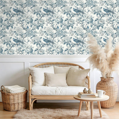 Papel tapiz floral azul blanco vintage pájaros 17.7x118pulg