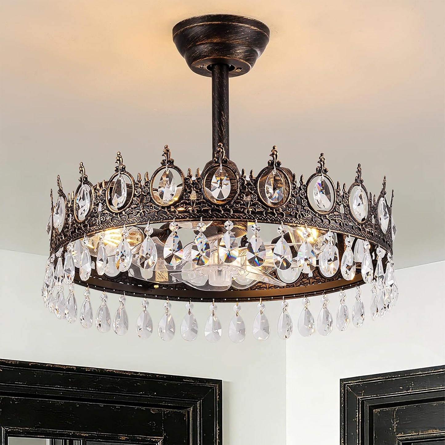 Ventilador techo rústico con lámpara cristal luz control remoto