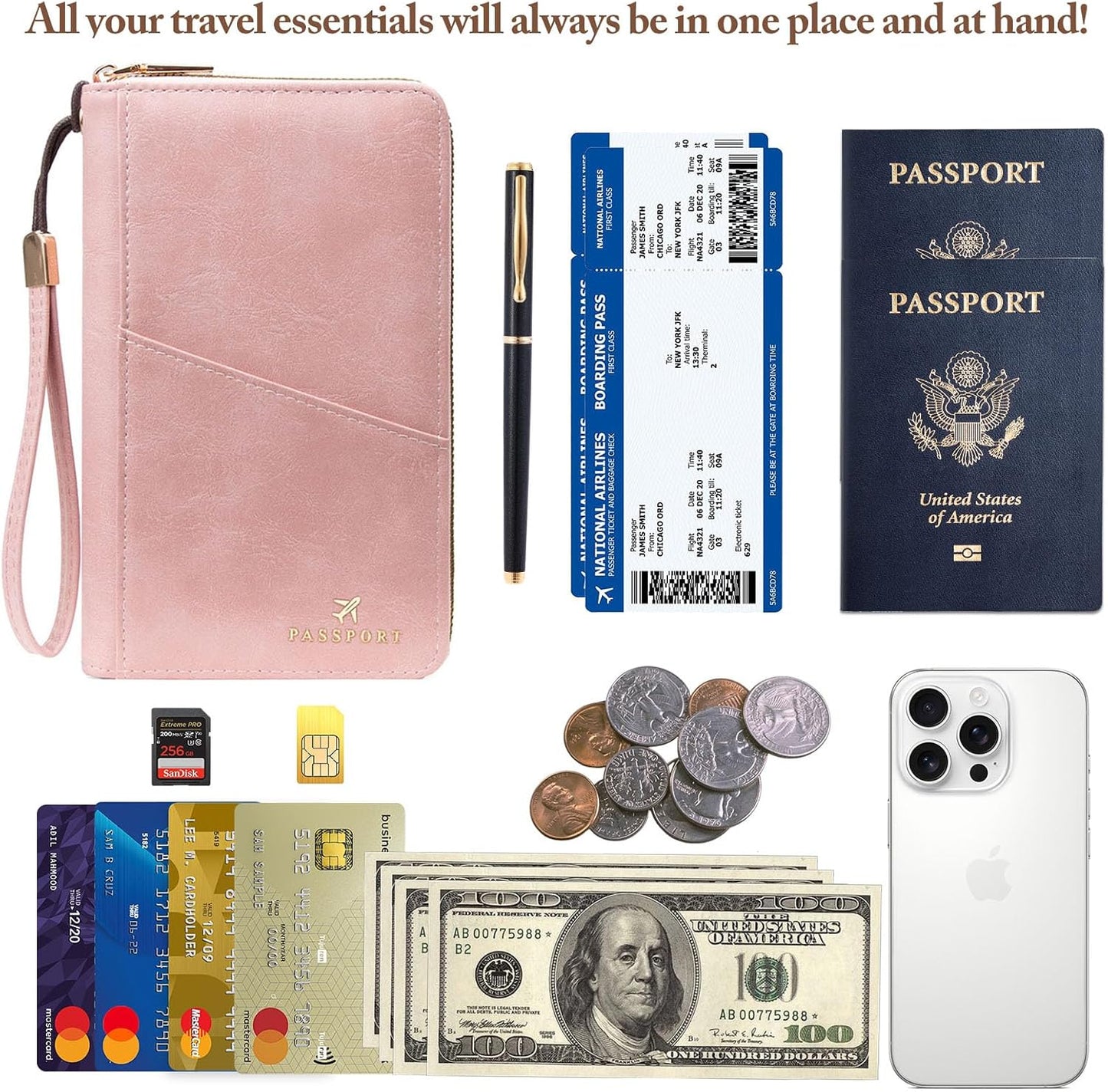 Soporte pasaporte con ranuras tarjetas y cremallera rosa