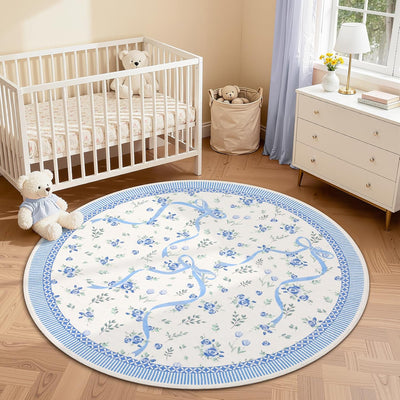 Alfombra redonda lavable 4ft dormitorio lazo azul blanco antiderrap