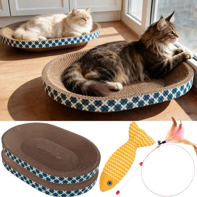 Cama rascador para gatos con juguetes y cuenco ovalado
