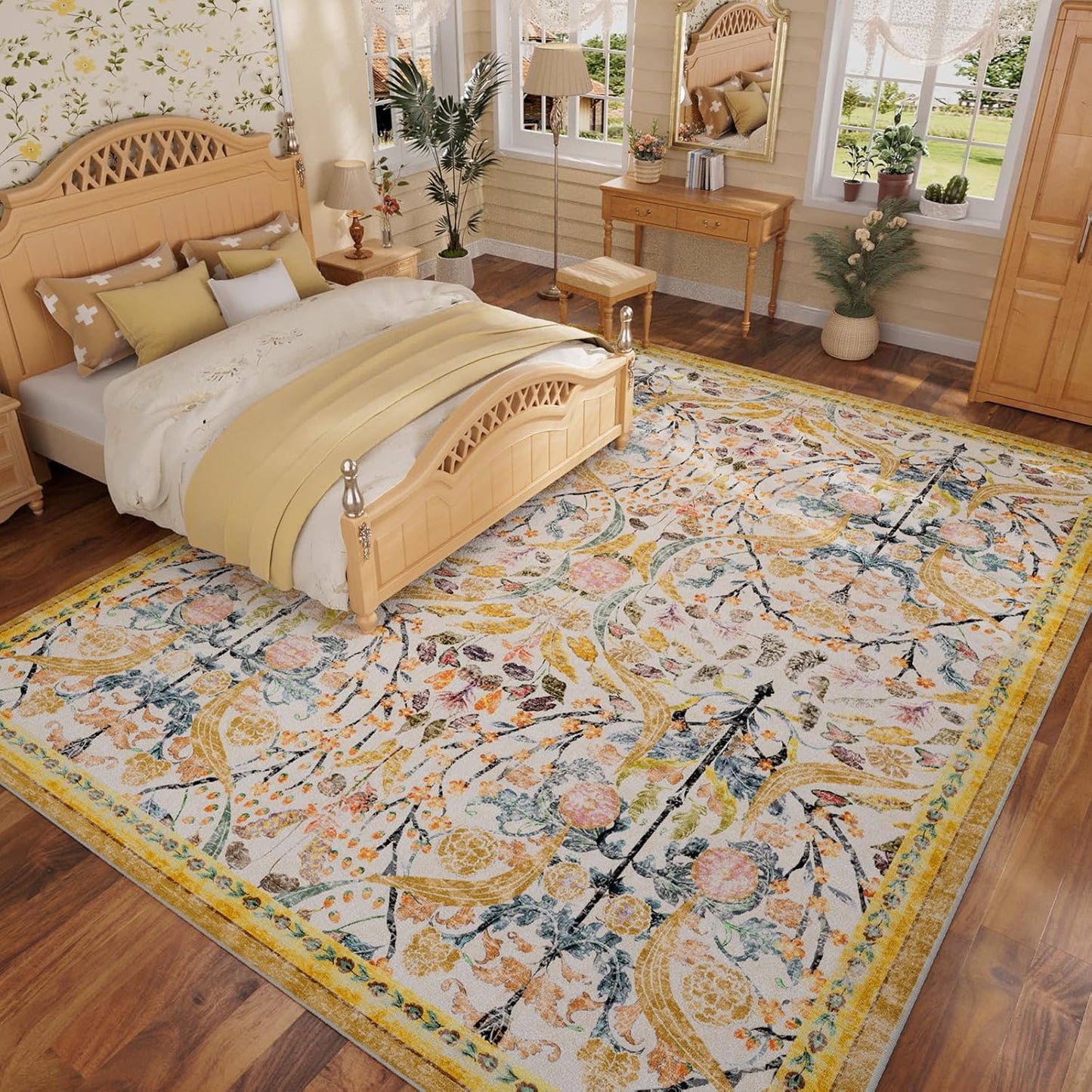 Alfombras lavables 8x10ft antideslizante estampado floral bohemio