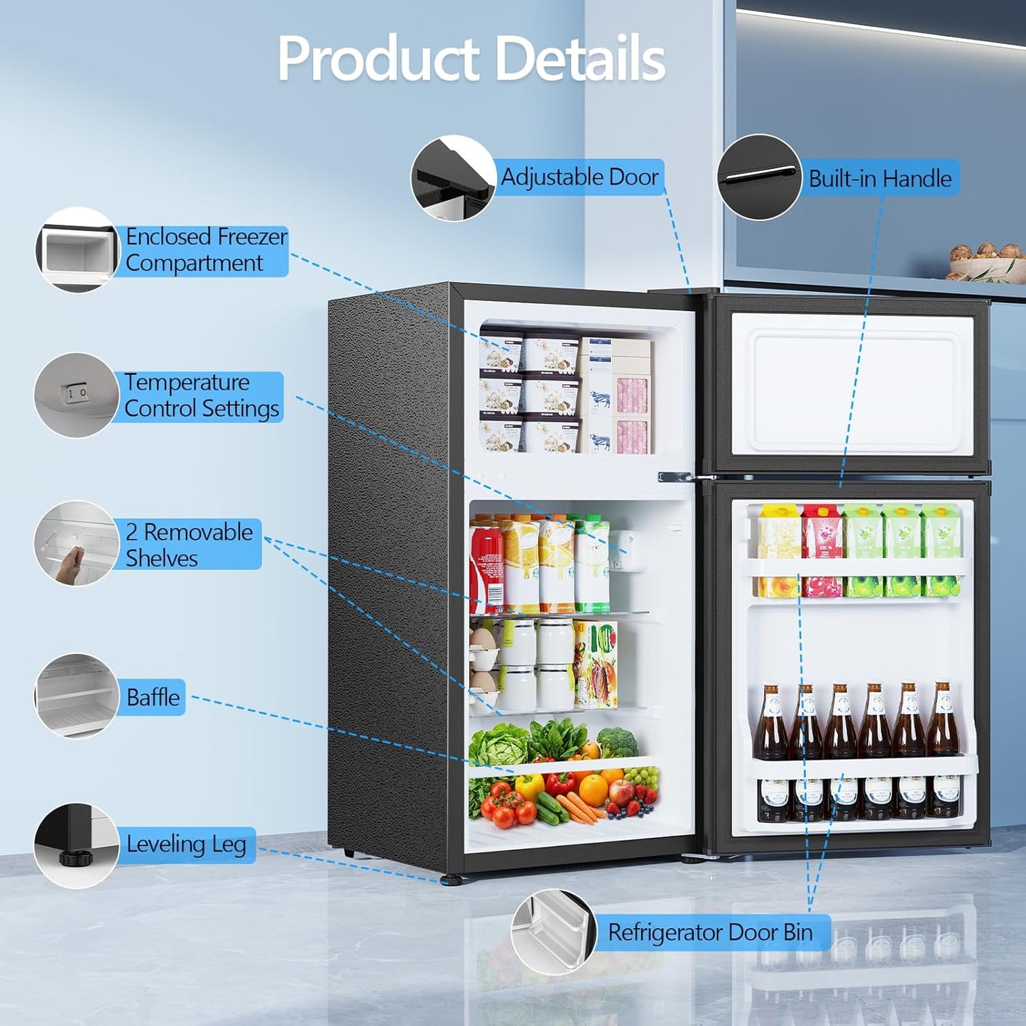 Refrigerador mini 2.5 pies cúbicos con congelador doble puerta