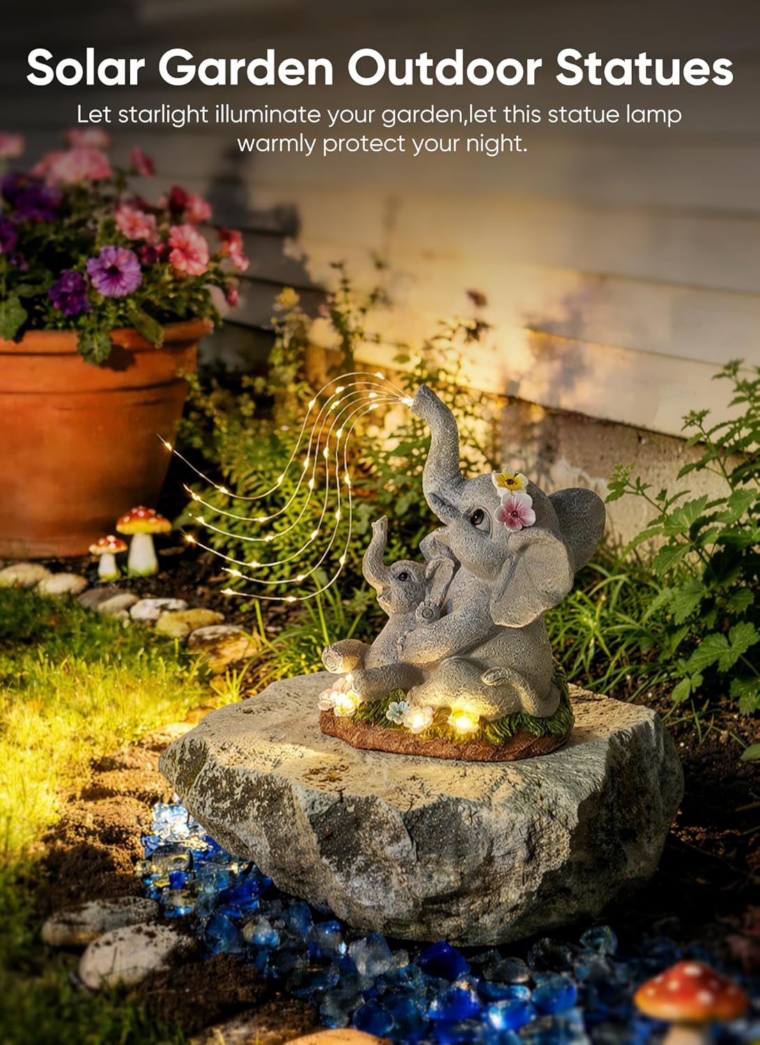Estatua elefante jardín con suculentas luces LED impermeable