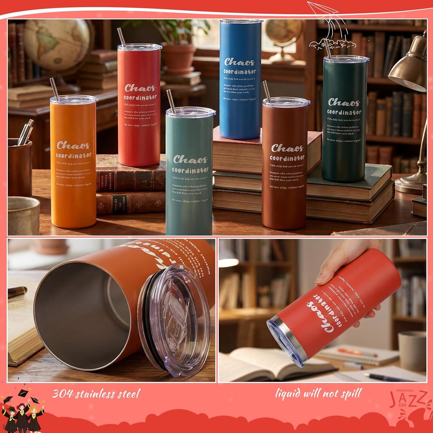 Set 12 Vasos Coordinador del Caos con Tapa Metal Pajita 20oz