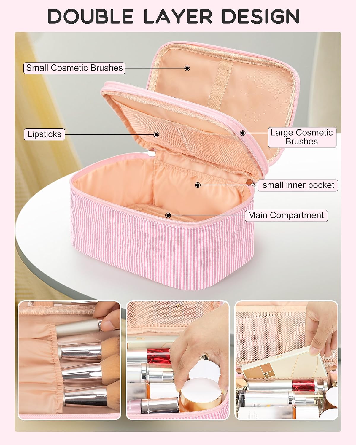 Bolsa maquillaje rosa doble capa con soporte cepillos