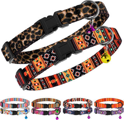 2 Collares Gato con Campana Ajustables Diseño Tribal Leopardo